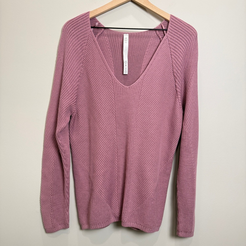 Lululemon S What The‎ Heart Wants 100% Cotton Knit Sweater V Neck Rose Pink Long